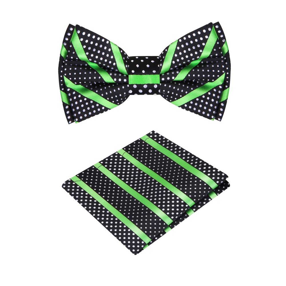 Green Black Versatile Bow Tie and Pocket Square||Electric Green, Black, White