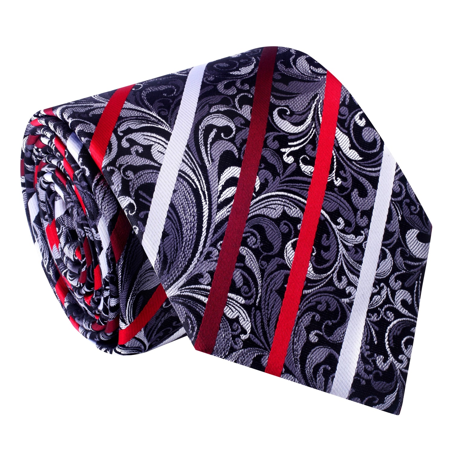 Grey, Black, White and Red Floral with Stripe Tie 