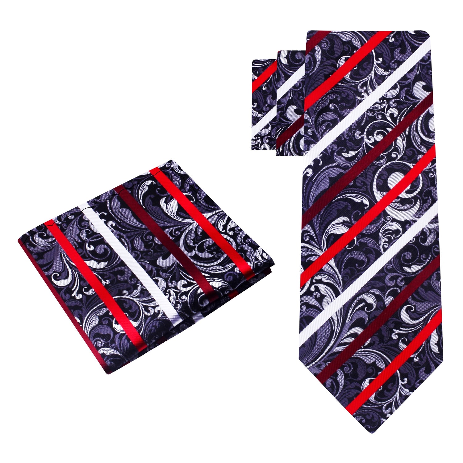 Alt View: Grey, Black, White and Red Floral with Stripe Tie and Pocket Square
