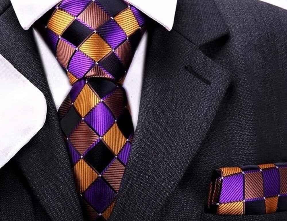 Purple, Gold, Brown Geometric Diamonds Tie and Pocket Square