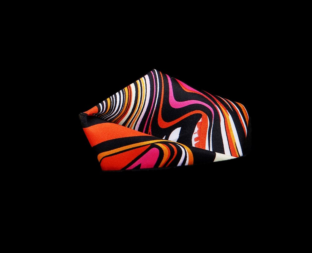 View 2: A Red, Orange, Black Color Abstract Swirl Pattern Silk Pocket Square