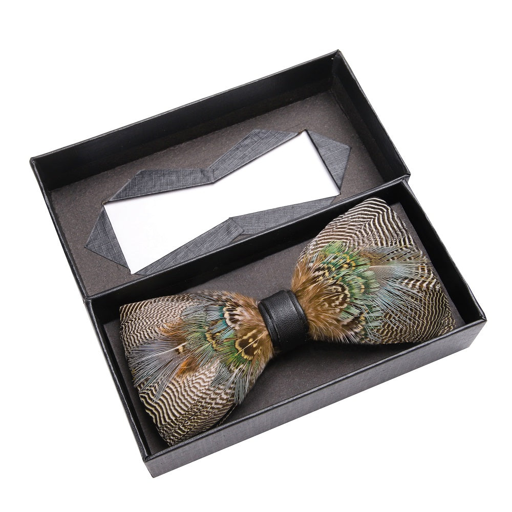 Brown, Green Feather Bow Tie In Box