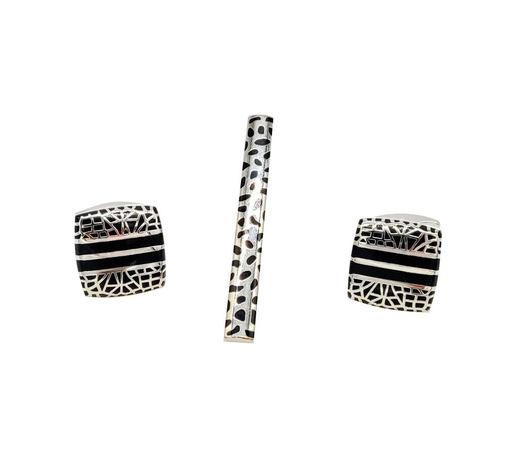 Chrome and Black Design Tie Bar and Cuff-links