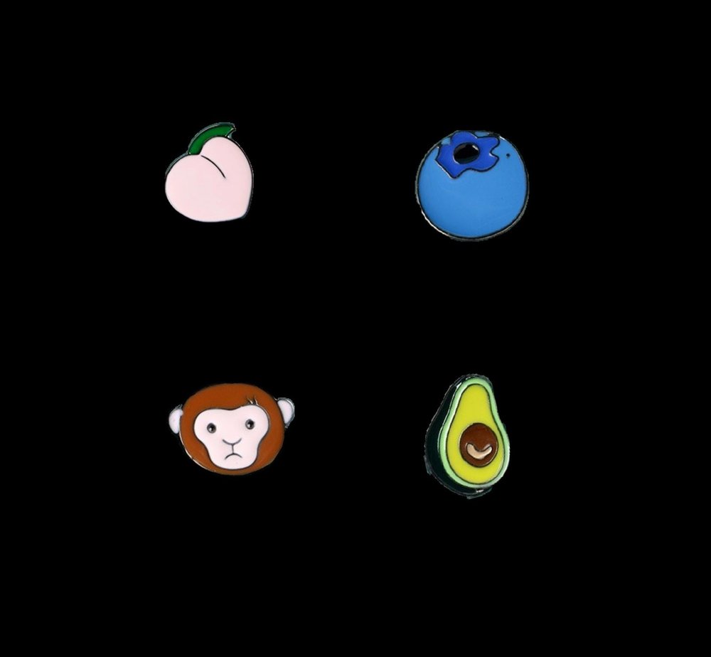 Showing 4 lapel pins: Peach, Blueberry, Monkey And Avocado Lapel Pins||Small Peach