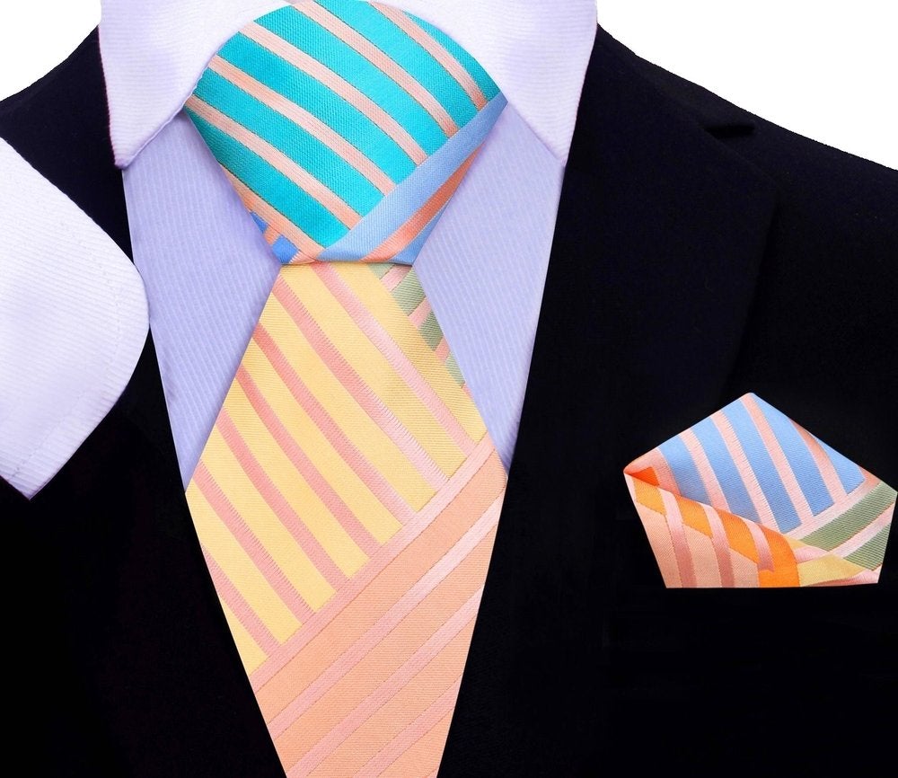 orange, peach, blue abstract tie and square