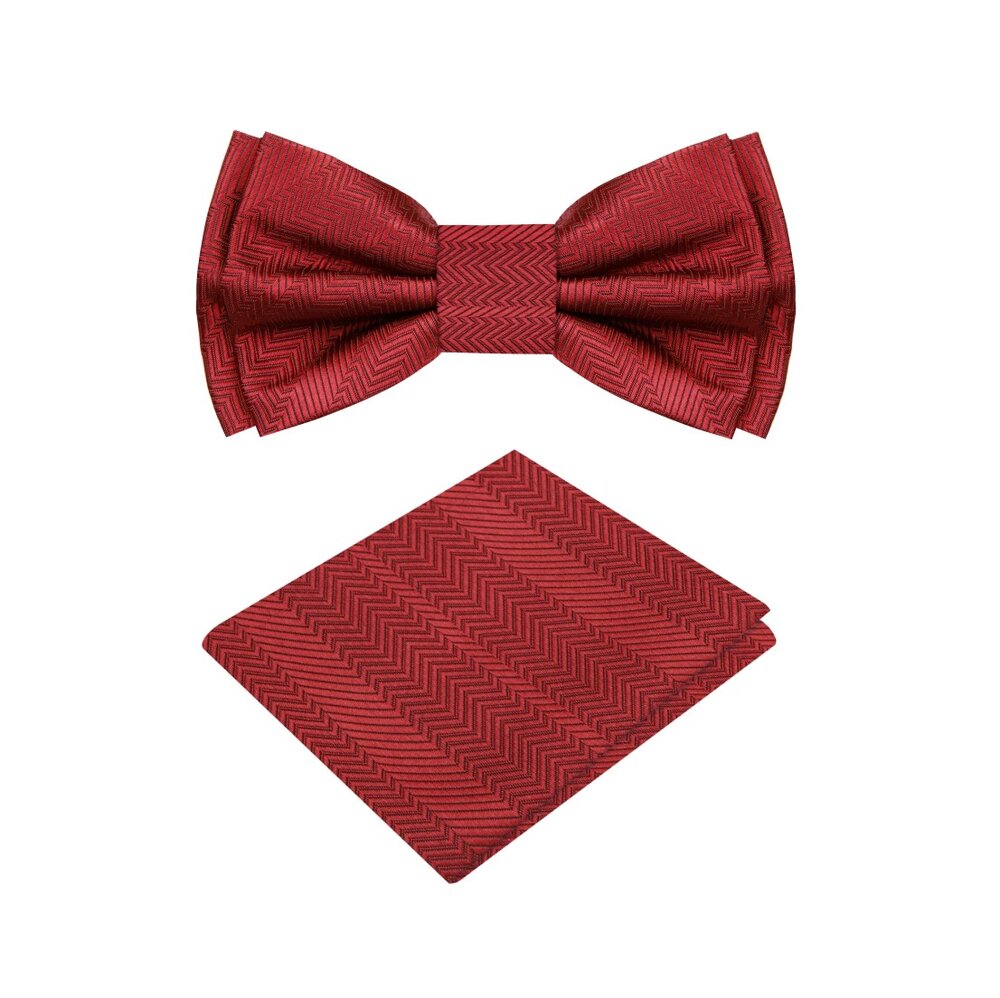 A Garnet Red Solid Pattern Self Tie Bow Tie, Matching Pocket Square||Garnet Red
