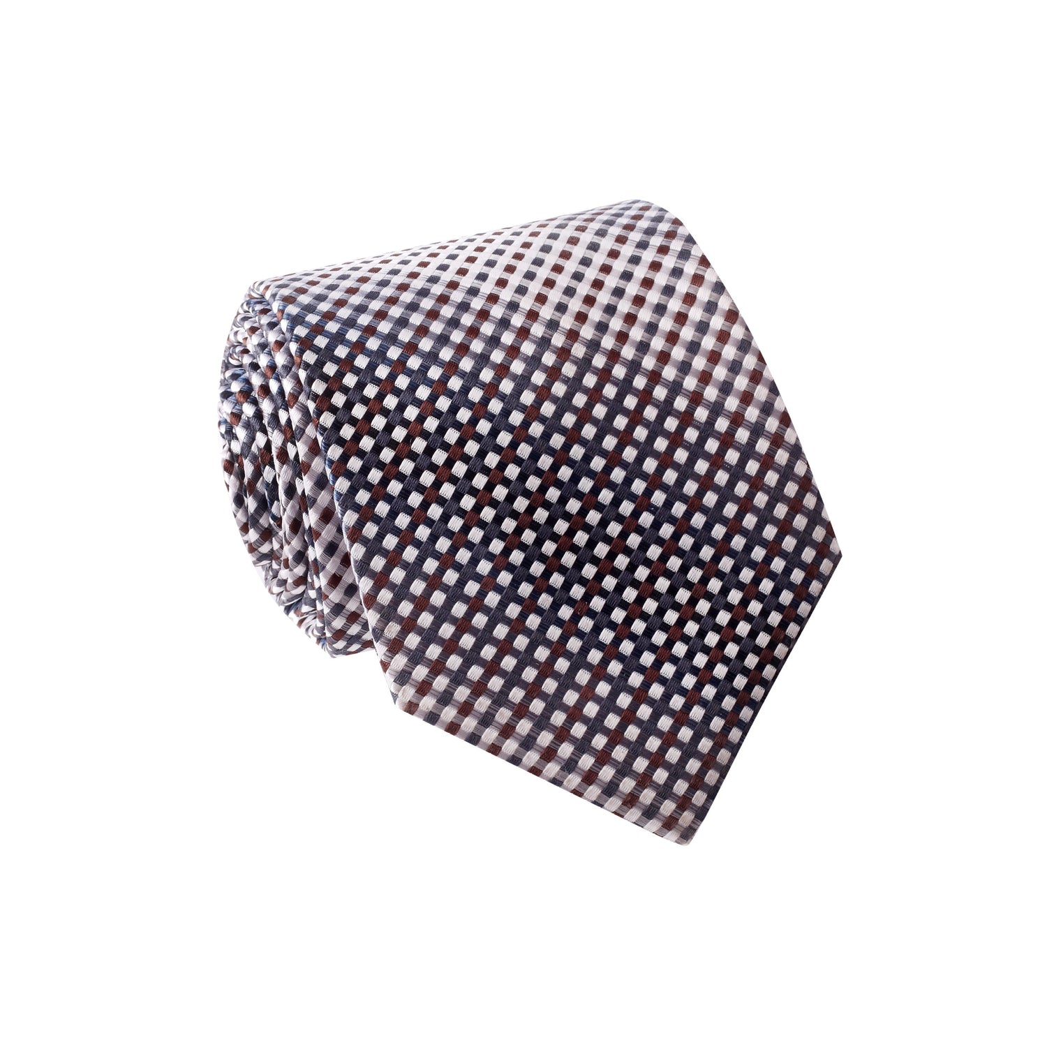 A Light Grey, Brown, White Small Geometric Check Pattern Silk Necktie 