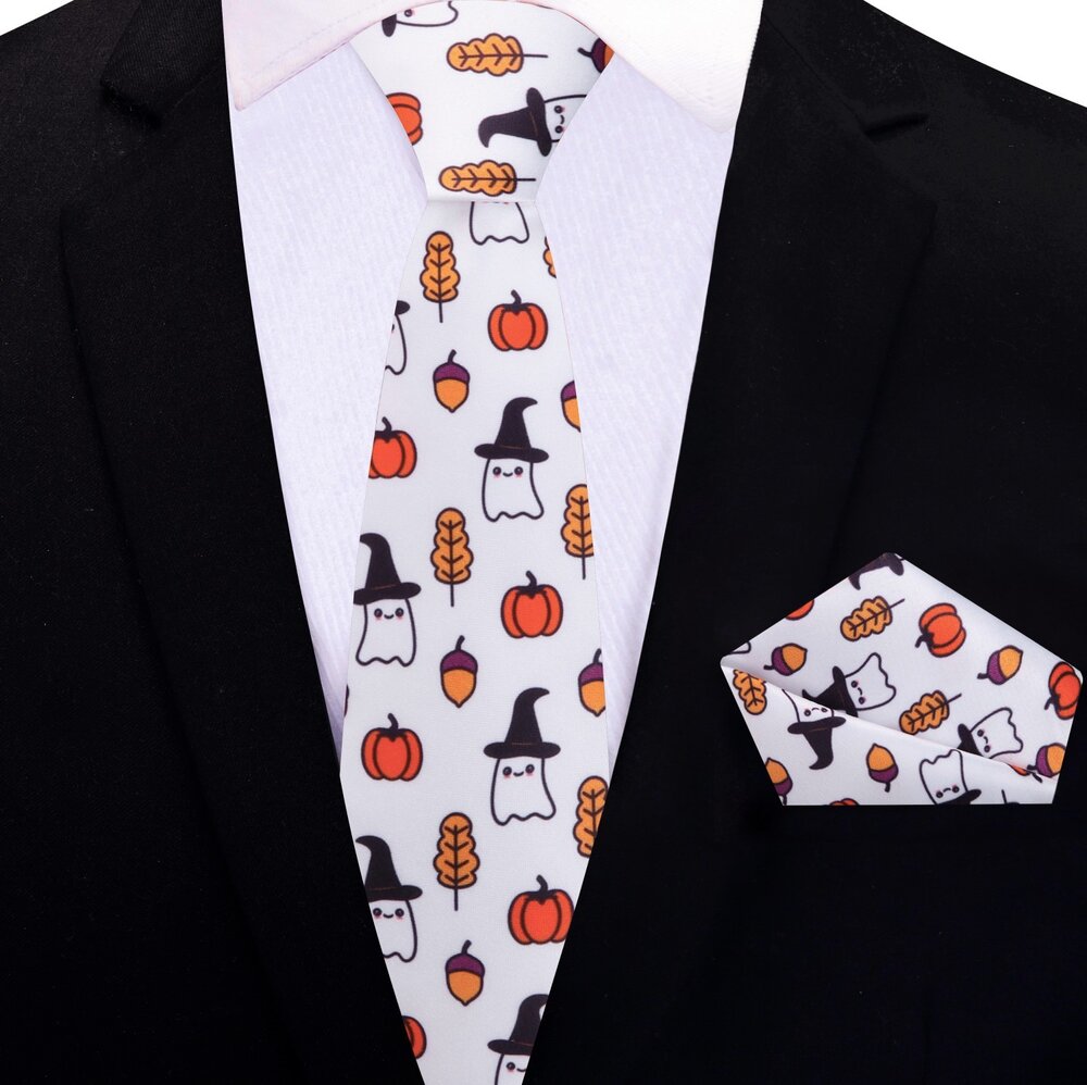 Thin Tie: White, Orange, Black Ghost/Witch, Pumpkin, Acorn, Fall Leaf Tie And Pocket Square