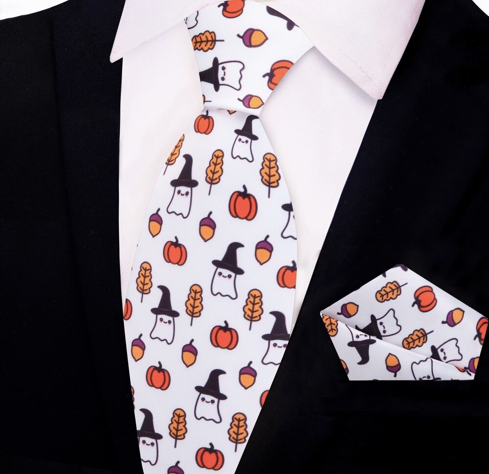 White, Orange, Black Ghost/Witch, Pumpkin, Acorn, Fall Leaf Tie And Pocket Square