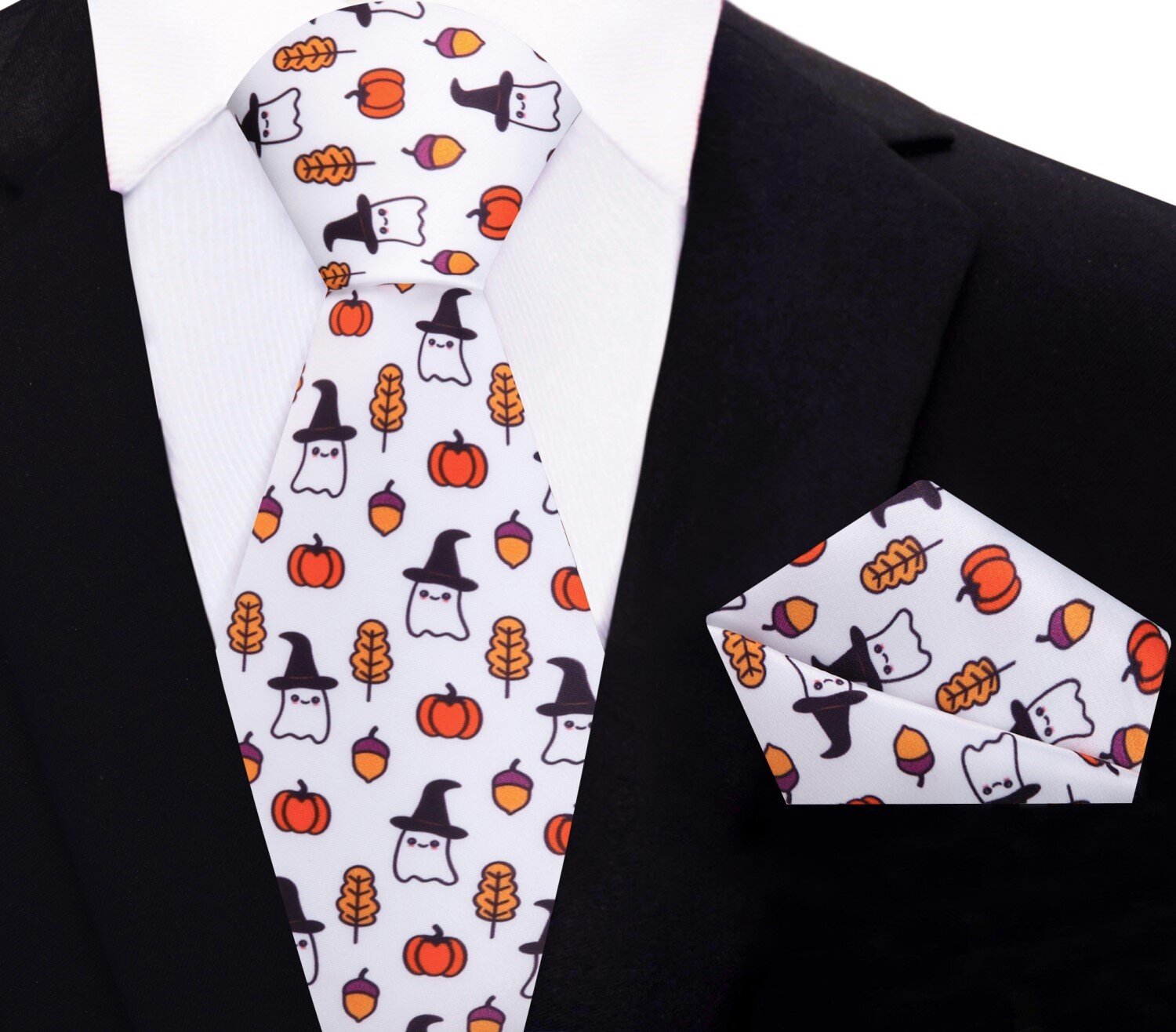 Main View: White, Orange, Black Ghost/Witch, Pumpkin, Acorn, Fall Leaf Tie And Pocket Square