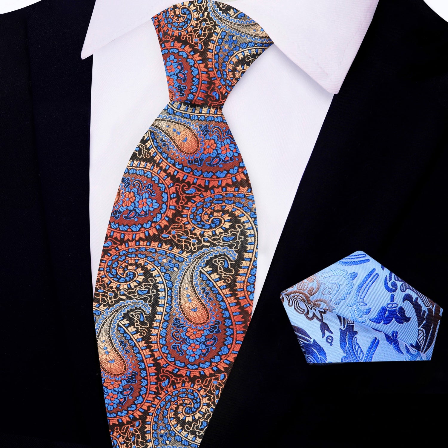 View 2: Brown, Red, Orange, Light Blue Paisley Tie and Blue Floral Pocket Square