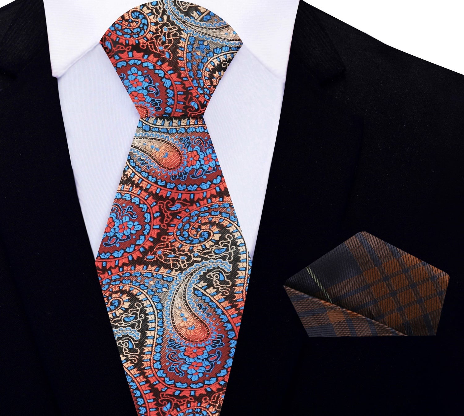 Brown, Red, Orange, Light Blue Paisley Tie and Brown Plaid Pocket Square