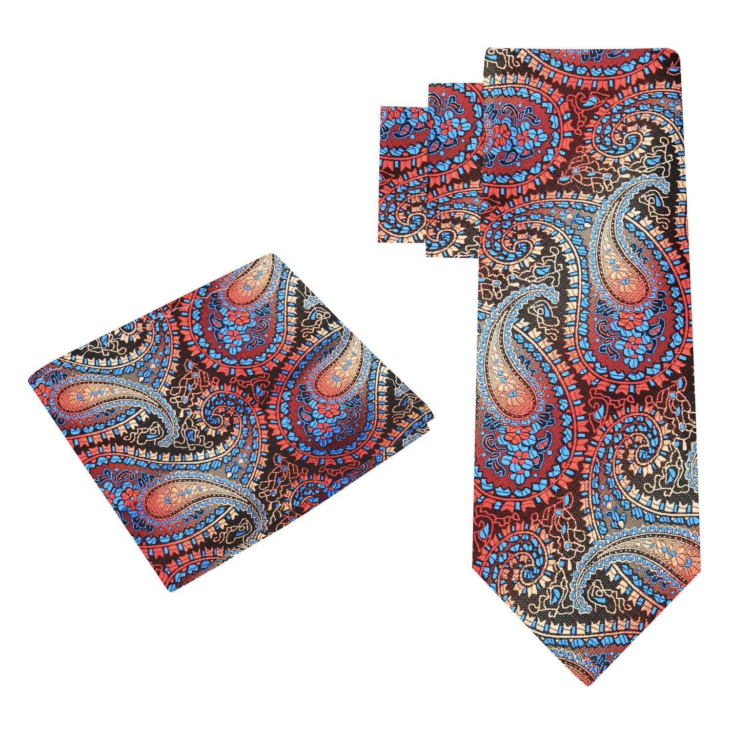 Alt View: Brown, Red, Orange, Light Blue Paisley Tie and Matching Pocket Square