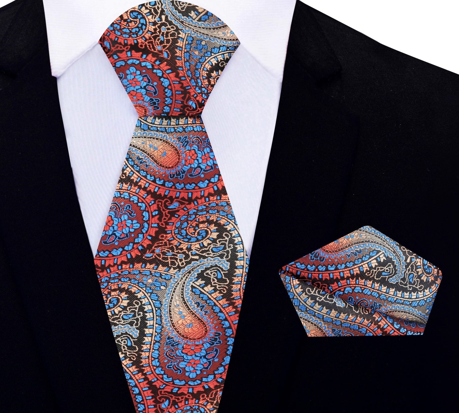 Brown, Red, Orange, Light Blue Paisley Tie and Matching Pocket Square