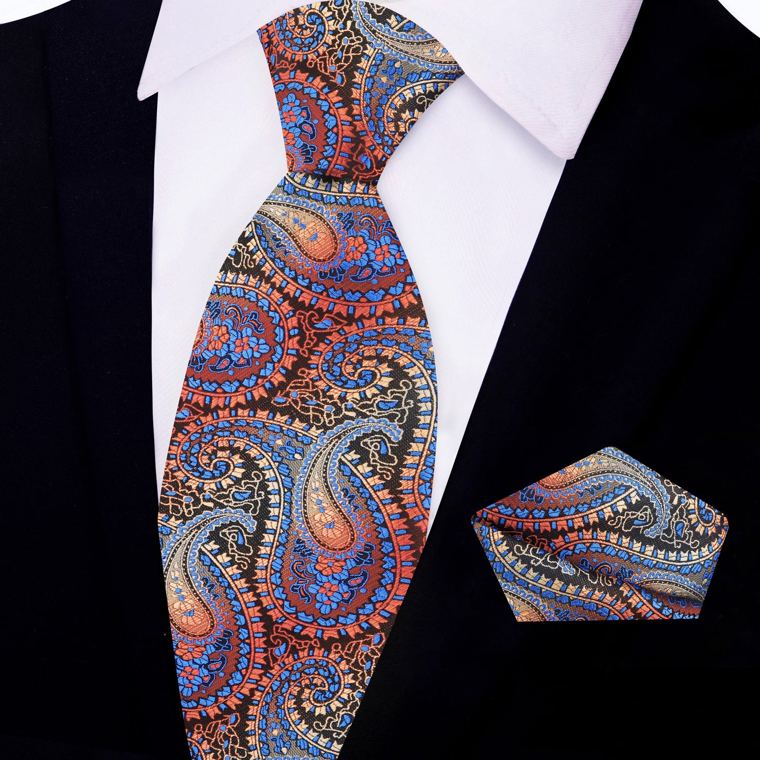View 2: Brown, Red, Orange, Light Blue Paisley Tie and Matching Pocket Square