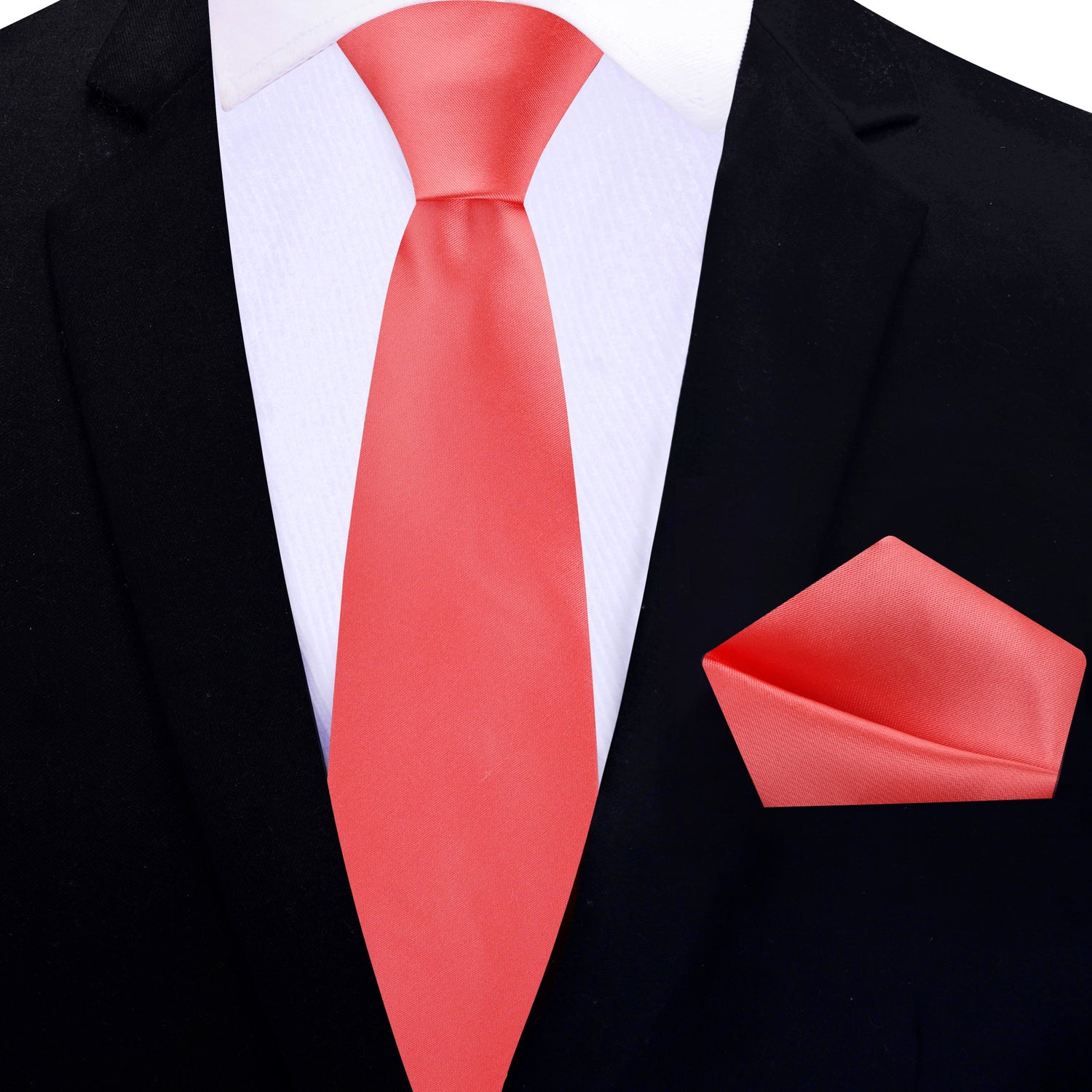 Thin Tie: Bright Coral Solid Glossy Silk Necktie and Pocket Square