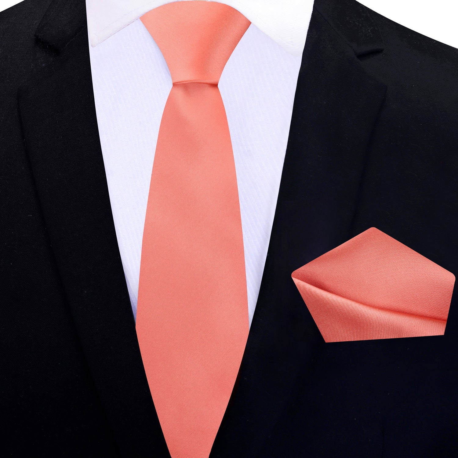 Thin Tie: Solid Glossy Rich Coral Silk Necktie and Pocket Square
