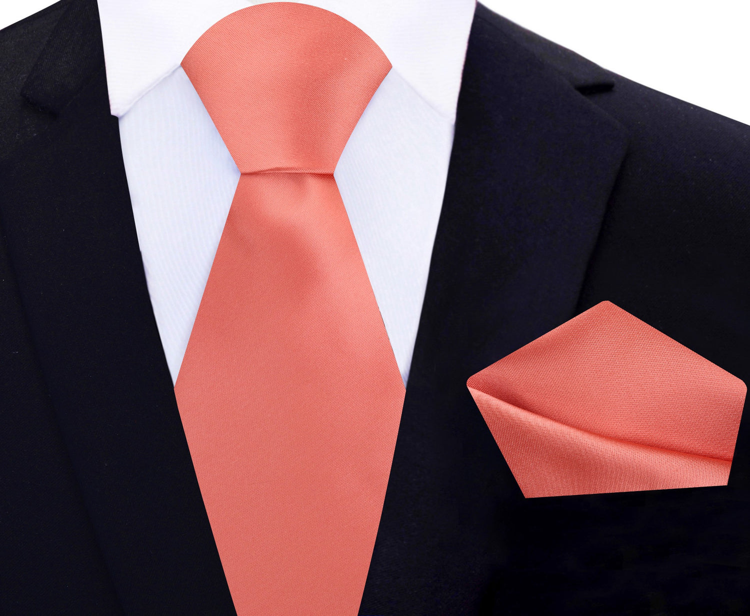 Solid Glossy Rich Coral Silk Necktie and Pocket Square