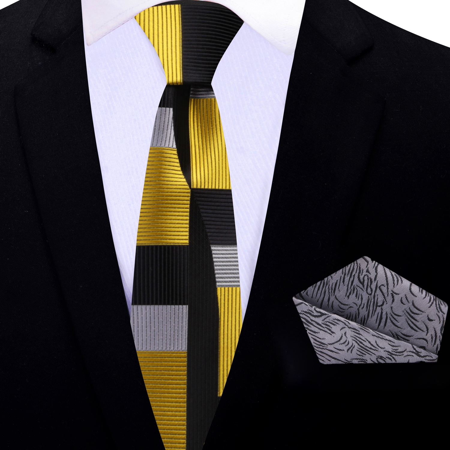 Gold, Black, Grey Abstract Thin Tie and Grey Abstract Pocket Square