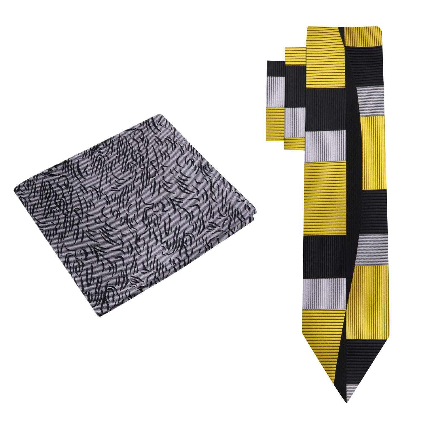 View 2: Gold, Black, Grey Abstract Thin Tie and Grey Abstract Pocket Square