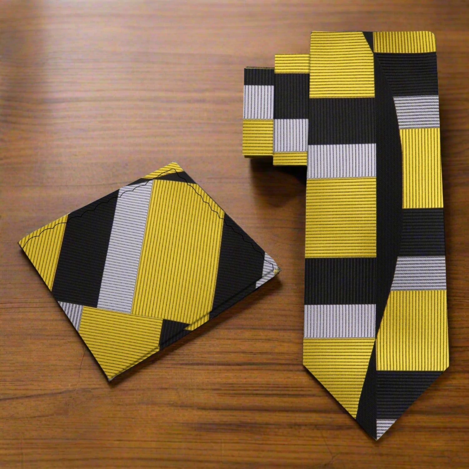 Yellow, Black Geometric/Abstract Tie and Pocket Square