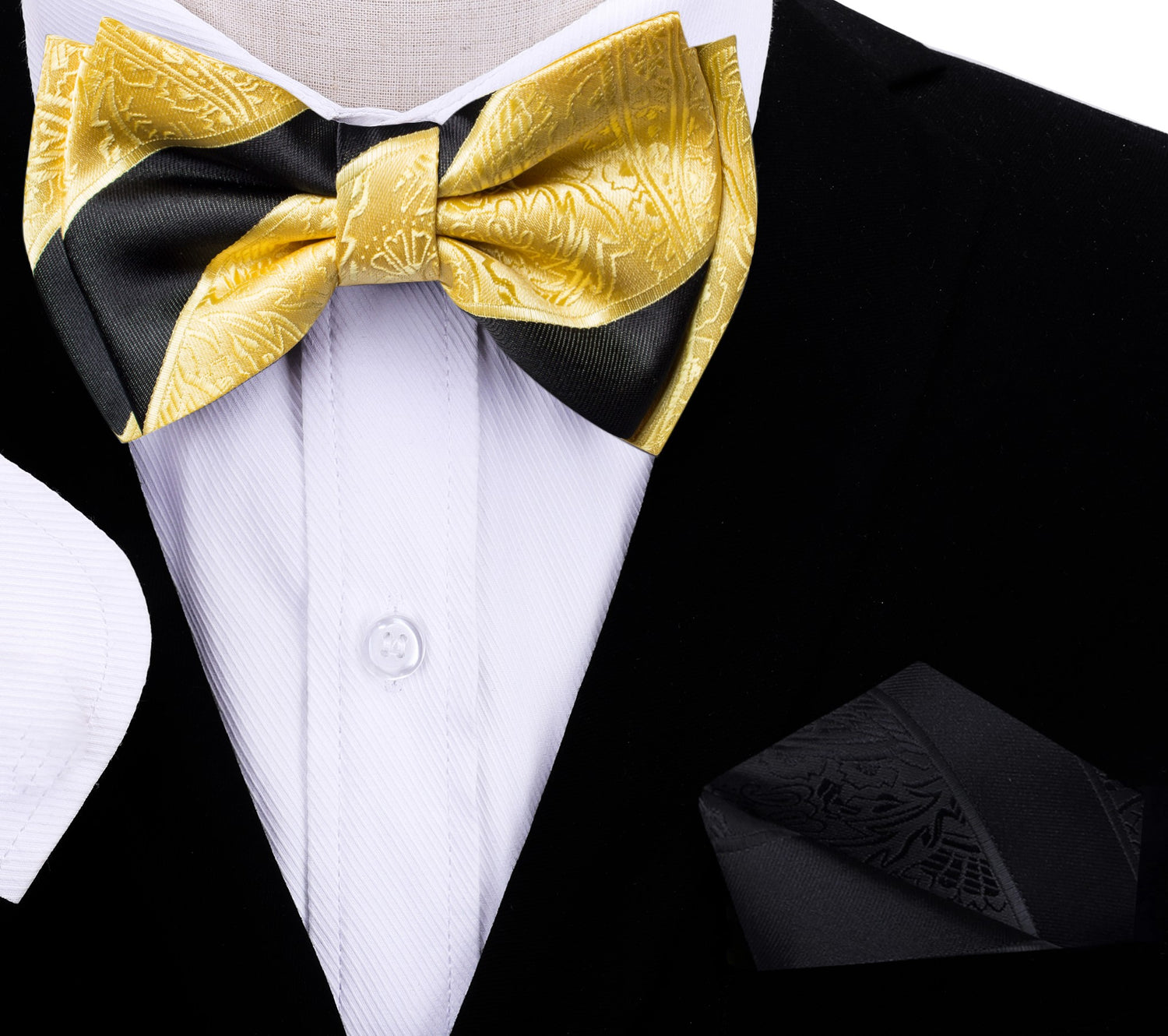 Gold, Black Paisley Bow Tie and Black Pocket Square