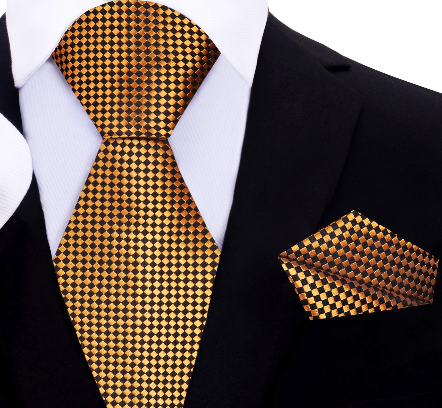 A Gold, Black Check Pattern Silk Necktie, Matching Pocket Square