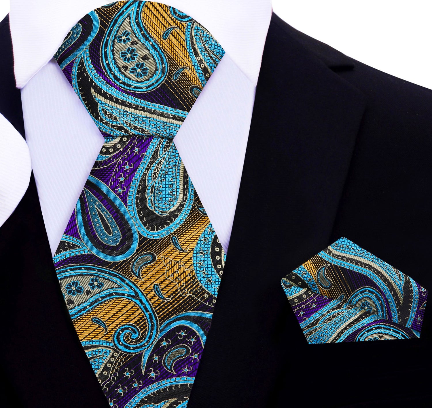 A Copper, Purple, Teal Paisley Pattern Silk Necktie, Matching Pocket Square