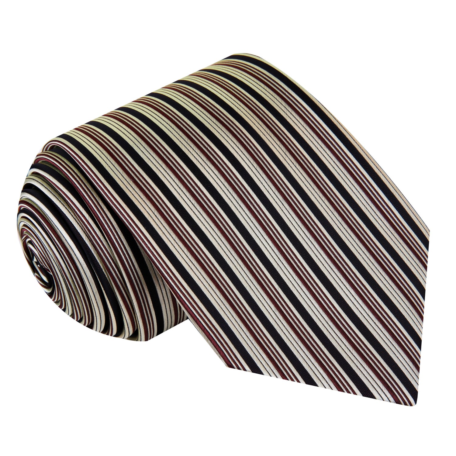 A Brown, Black, Gold Color Vertical Stripe Pattern Silk Necktie 