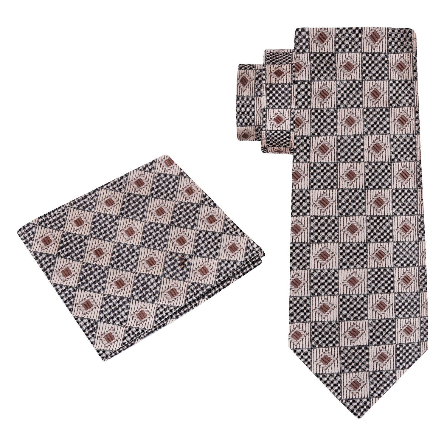 Alt View: A Warm Brown, Gold Geometric Pattern Silk Necktie, Matching Pocket Square