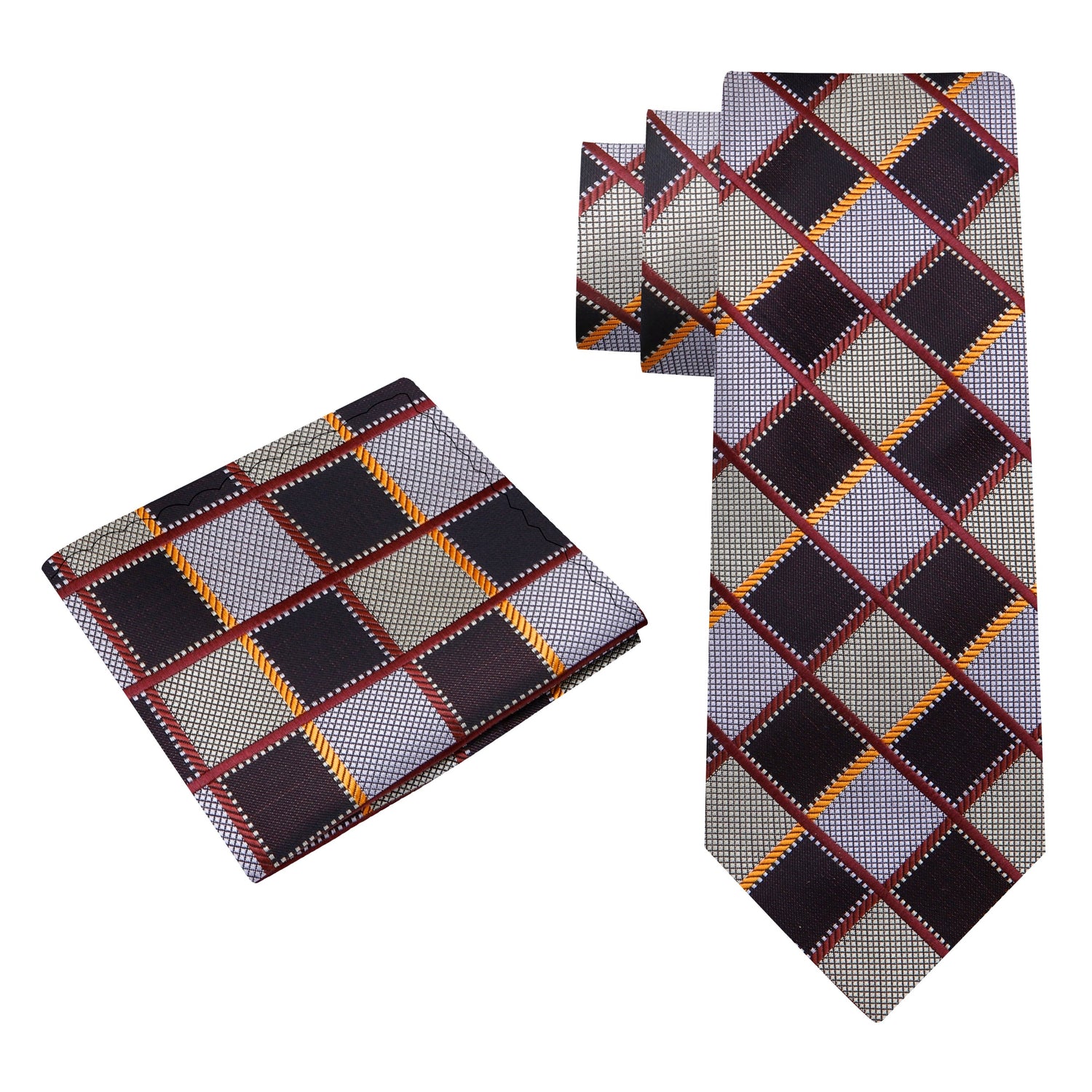 Alt View: A Brown, Light Brown, Gold Geometric Diamond Pattern Silk Necktie, Matching Pocket Square