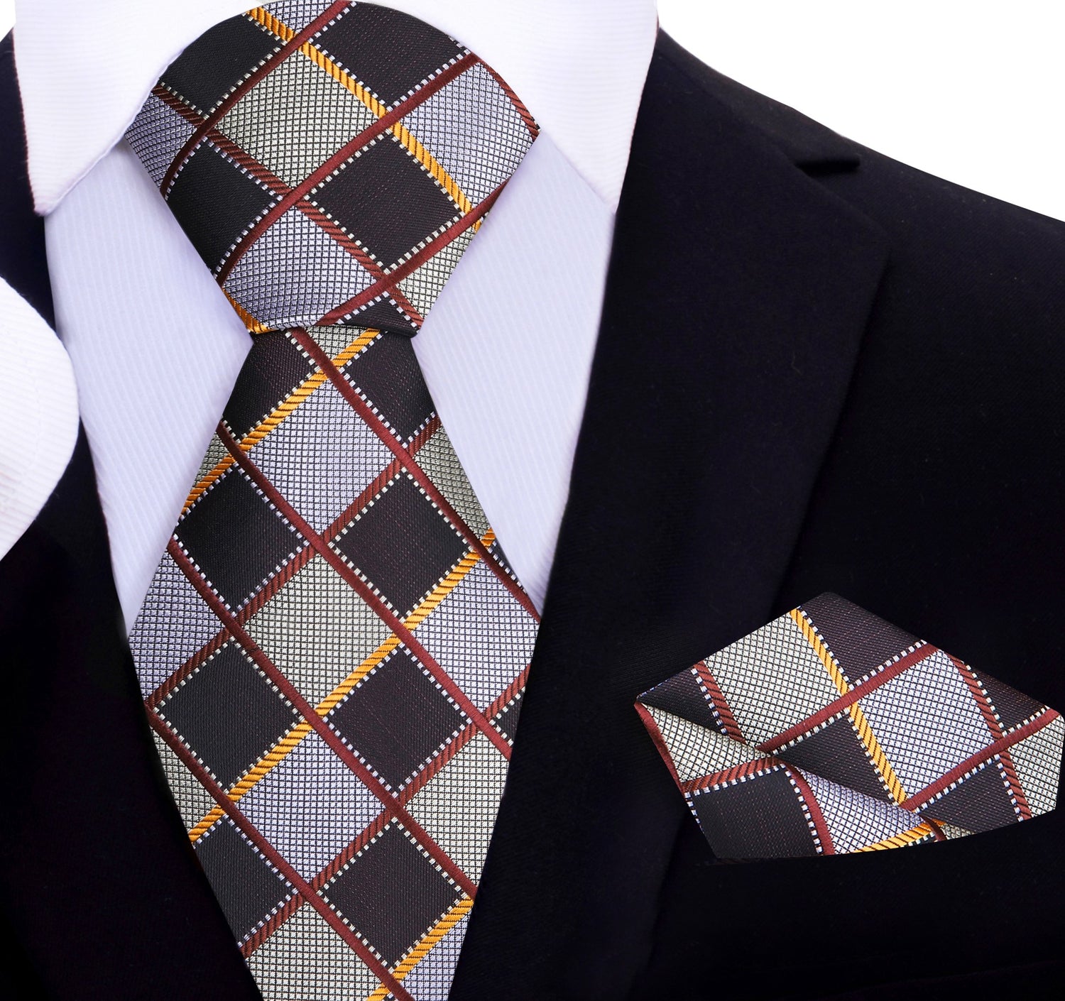 A Brown, Light Brown, Gold Geometric Diamond Pattern Silk Necktie, Matching Pocket Square