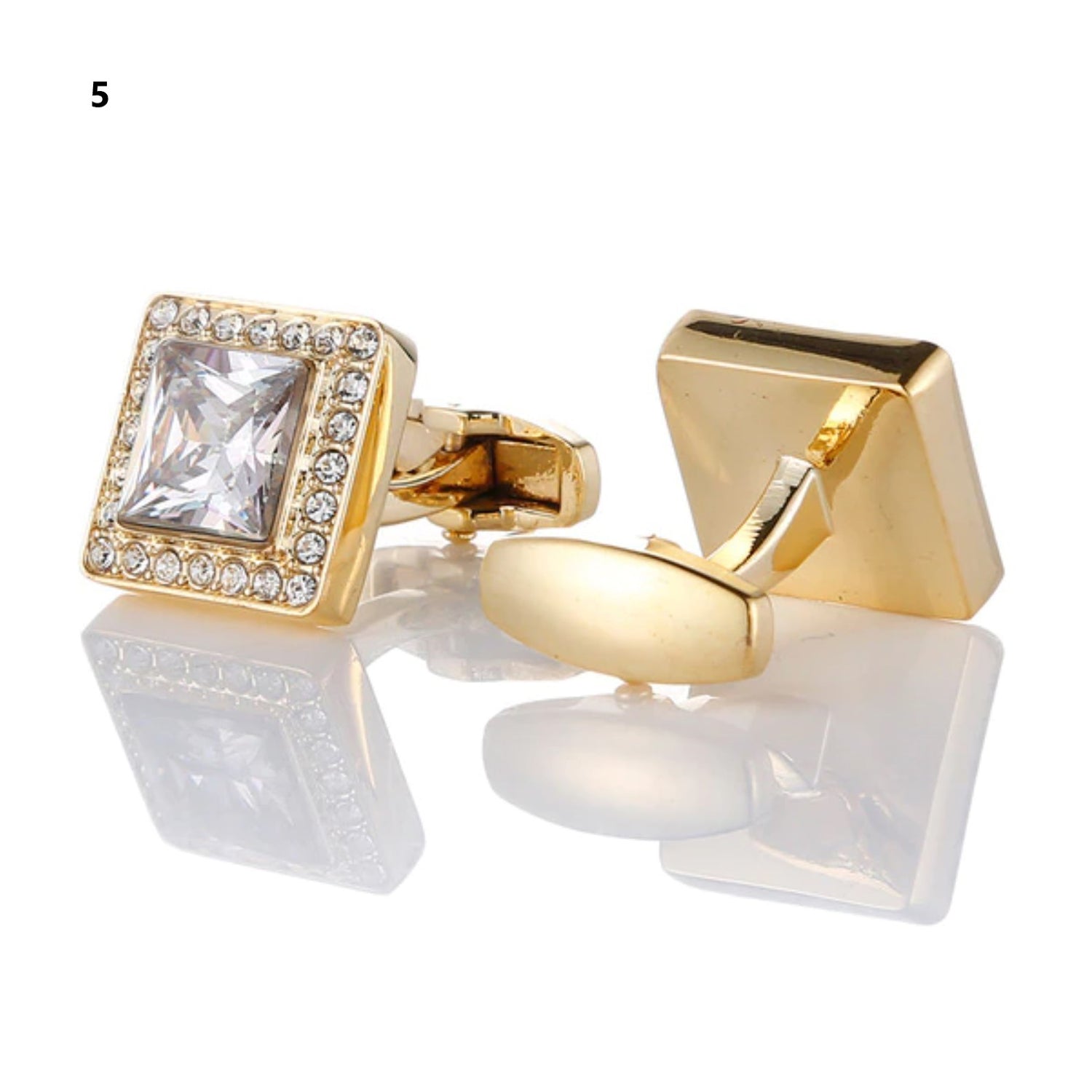 Gold Color Square Cufflinks with Clear Stone