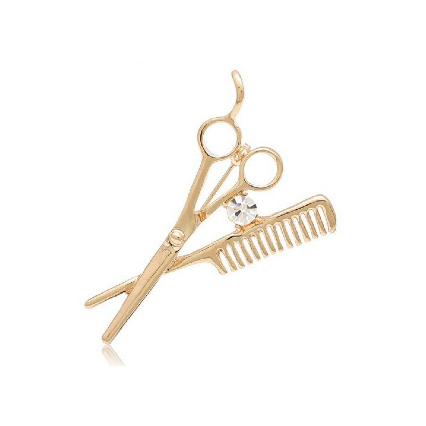 Main View: A Gold Color Scissors and Comb with Stone Lapel Pin||Gold