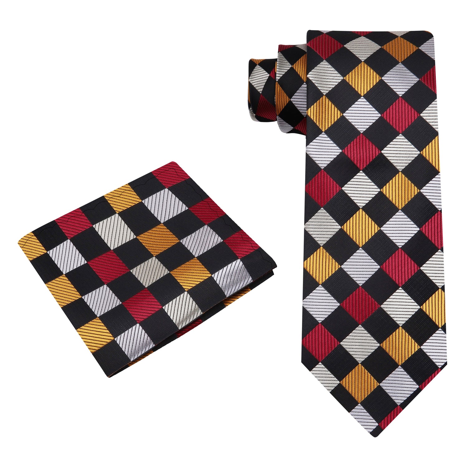 Alt View: A Red, Gold, Cream Geometric Diamond Pattern Silk Necktie, Matching Pocket Square