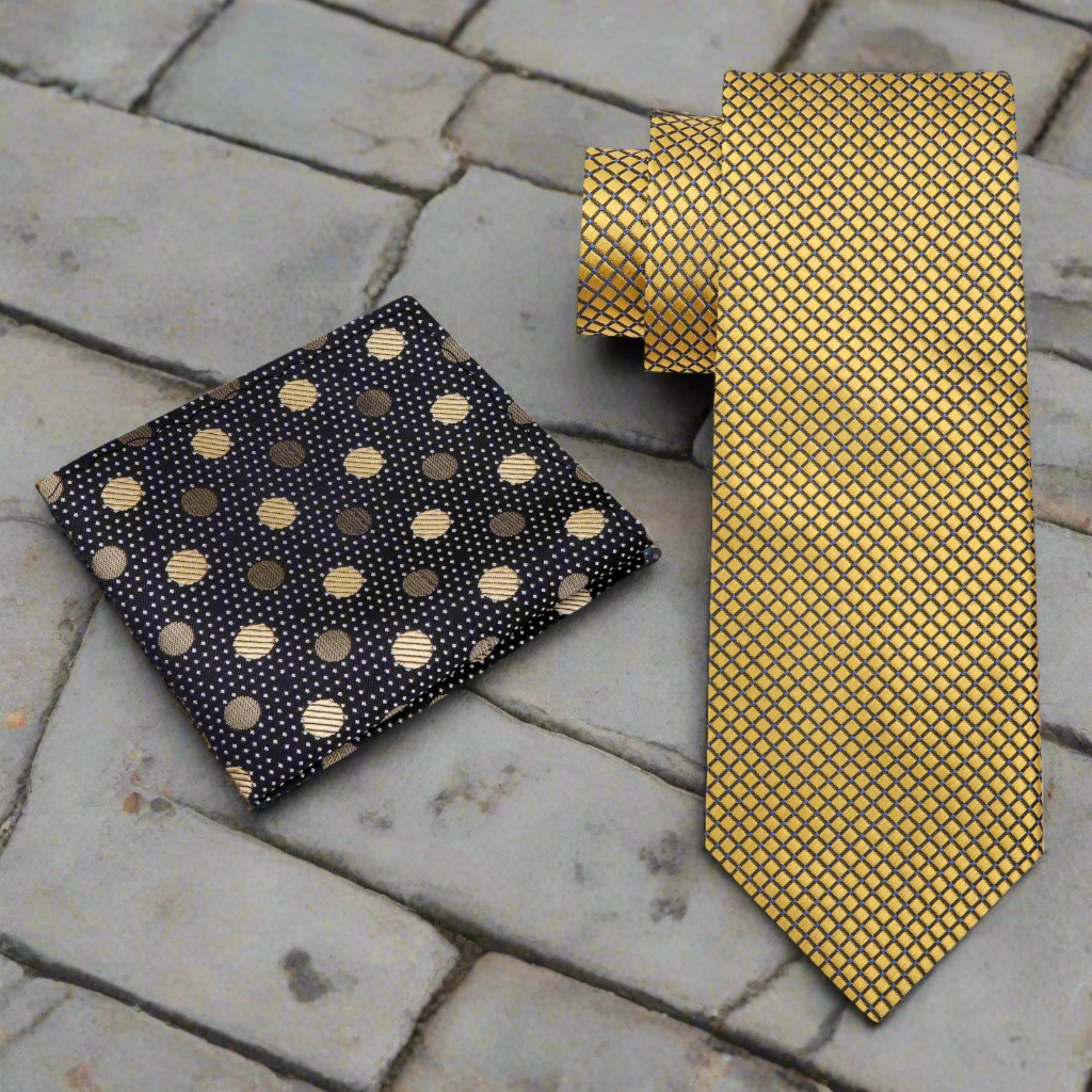Gold Standard Geometric Silk Necktie, Pocket Square