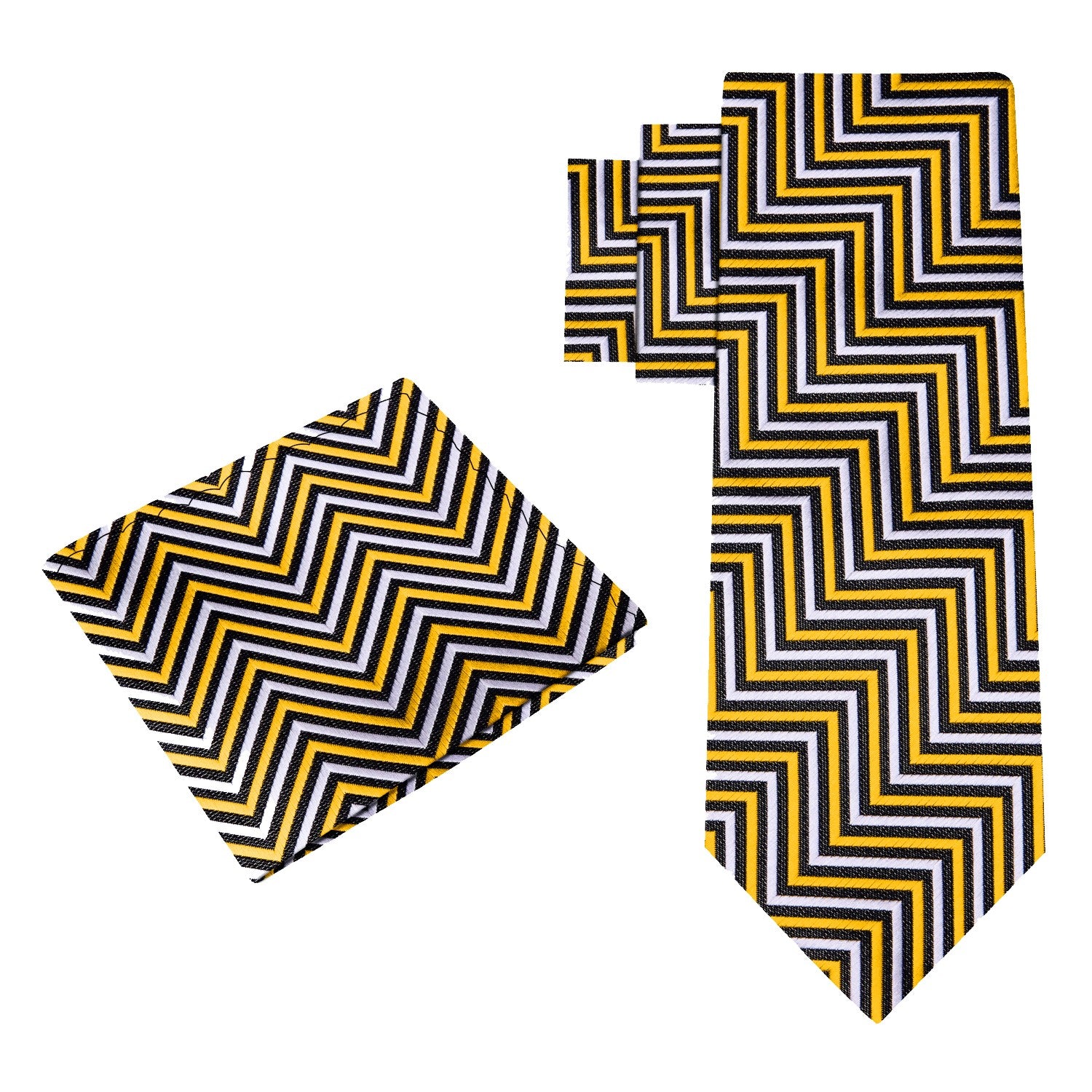 Alt View: A Yellow, Black, White Geometric Pattern Silk Necktie With Matching Pocket Square