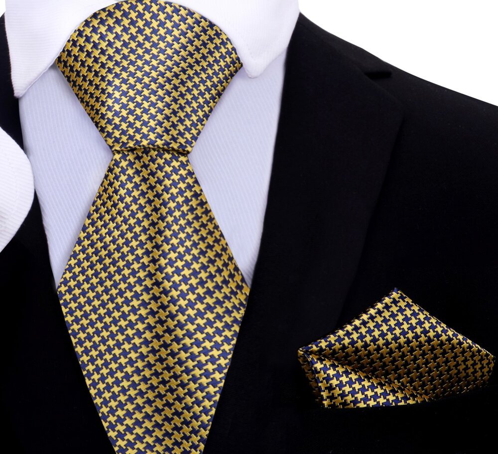 Gold, Blue Hounds Tooth Tie and Pocket Square||Gold/Blue