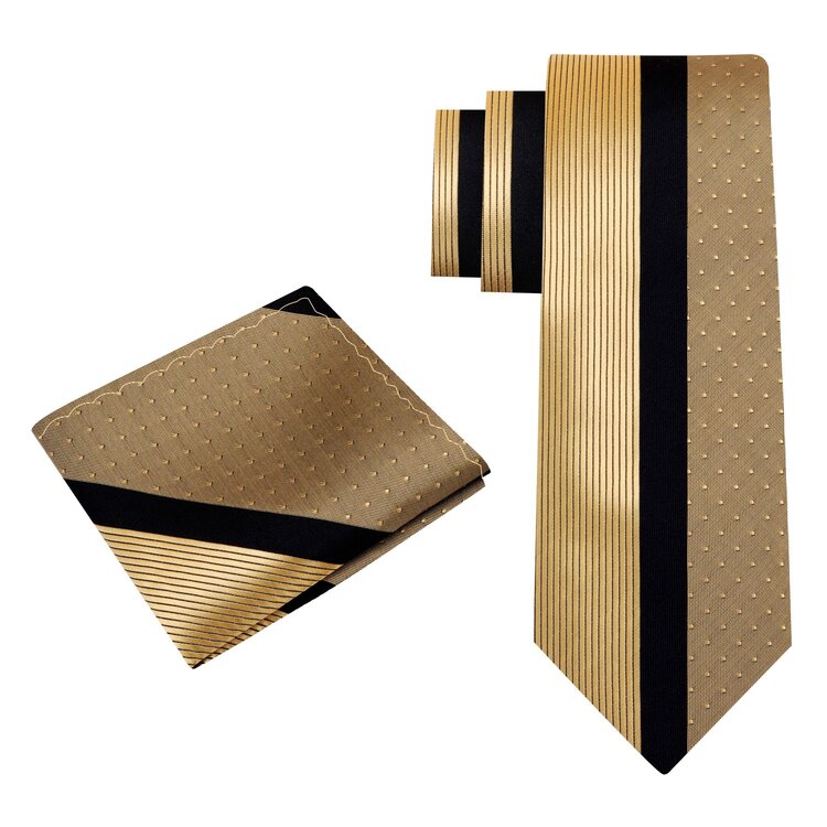 Alt View: A Gold and Black Abstract Pattern Silk Necktie With Matching Pocket Square