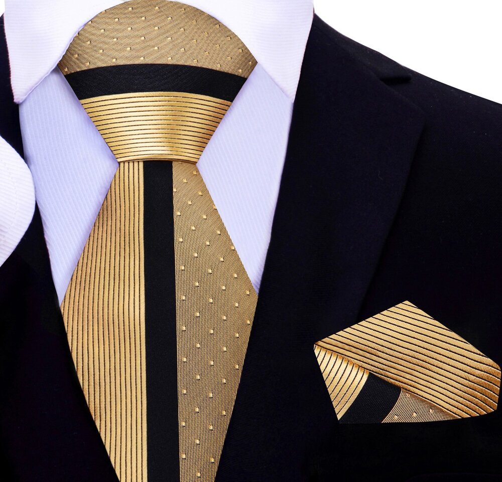 A Gold and Black Abstract Pattern Silk Necktie With Matching Pocket Square||Gold, Black