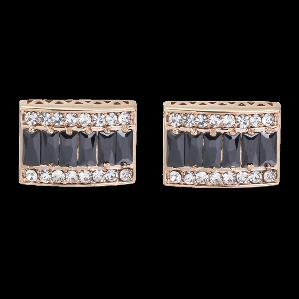A Gold, Black, Clear Gemstones Rectangle Shaped Cuff-links