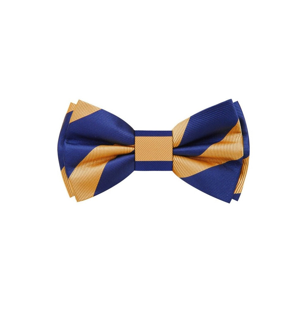 A Rich Gold And Deep Blue With Thick Stripe Pattern Silk Self Tie Bow Tie 