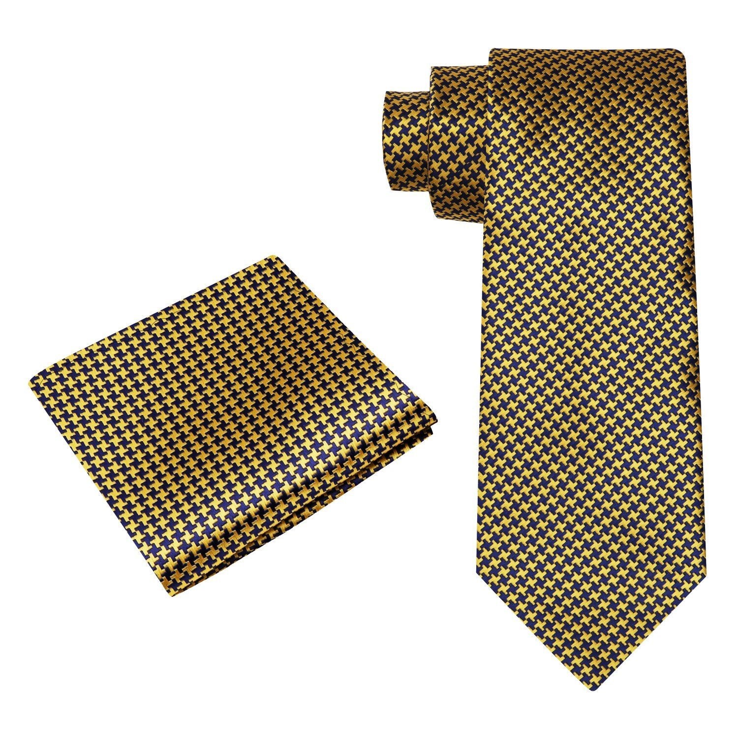Alt View: Gold, Blue Hounds Tooth Tie and Pocket Square