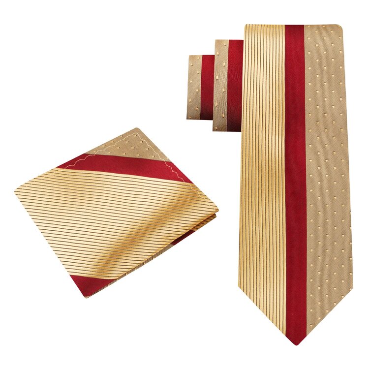 Alt View: A Gold And Burgundy Abstract Pattern Silk Necktie With Matching Pocket Square