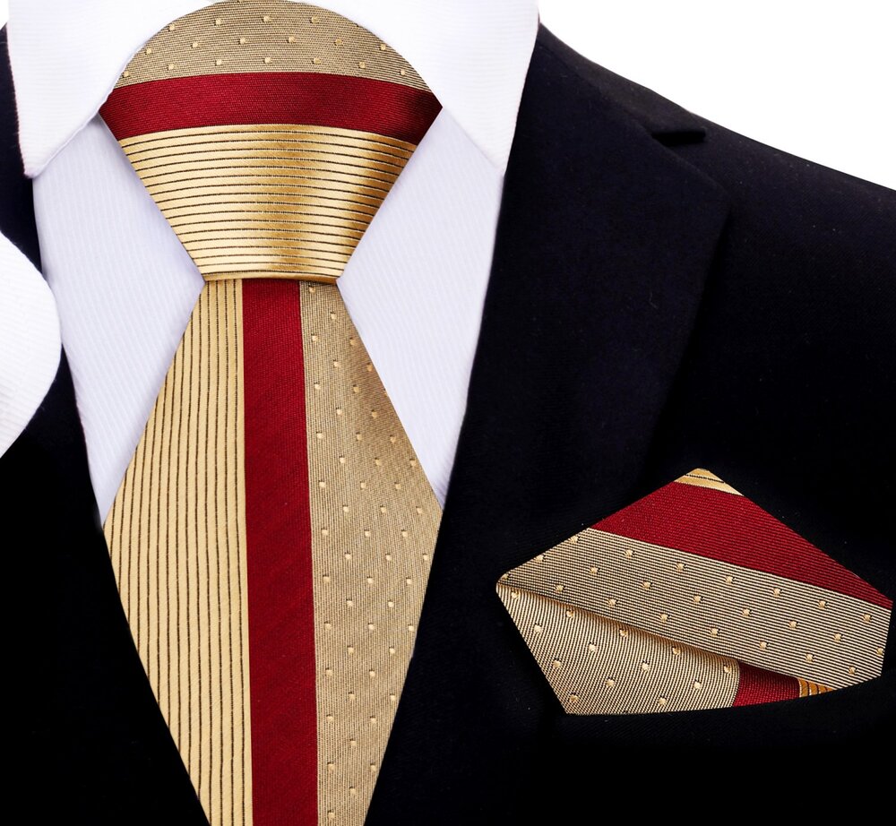 A Gold And Burgundy Abstract Pattern Silk Necktie With Matching Pocket Square||Gold, Burgundy