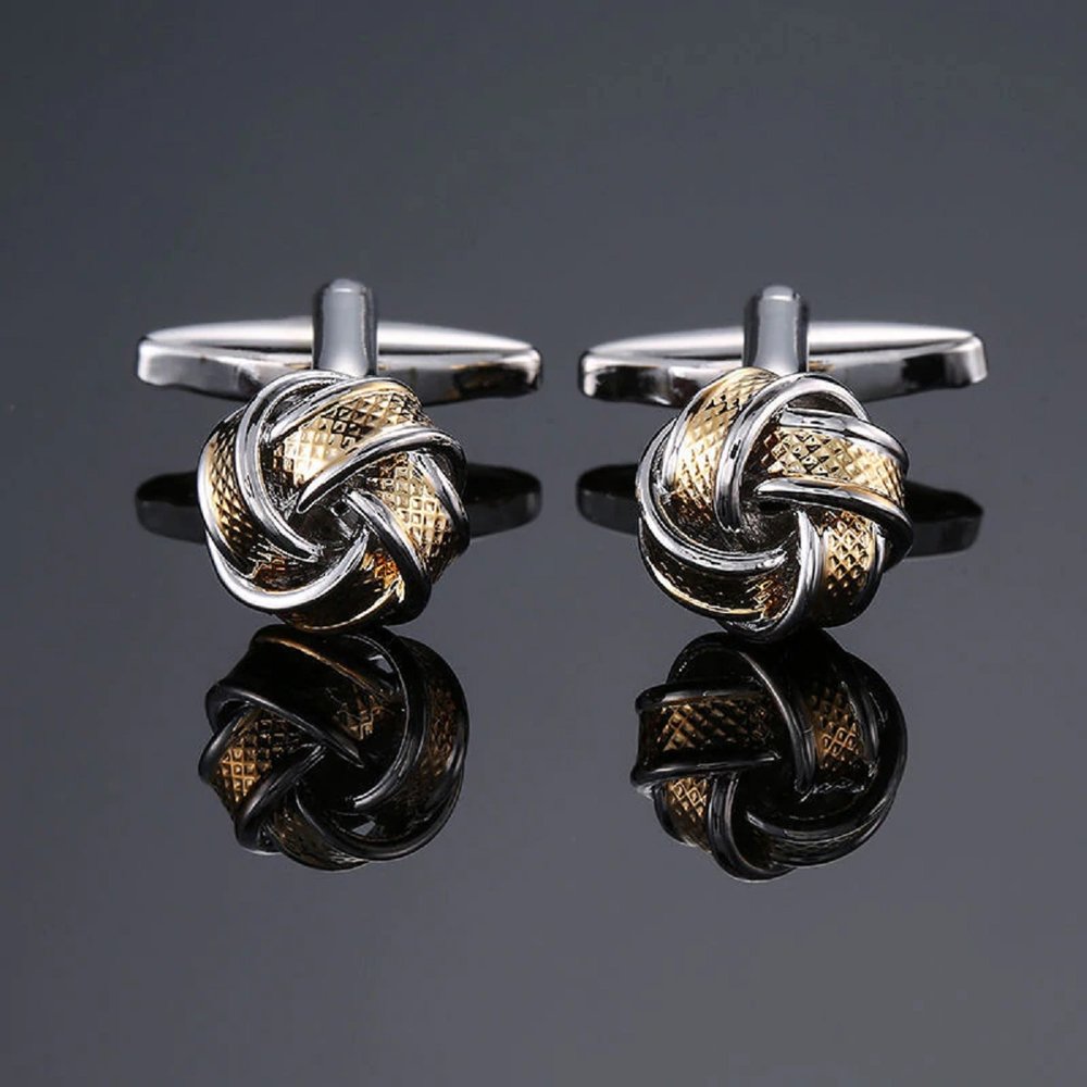 A Golden Silver Textured Knot Cuff-links||Textured Golden Center