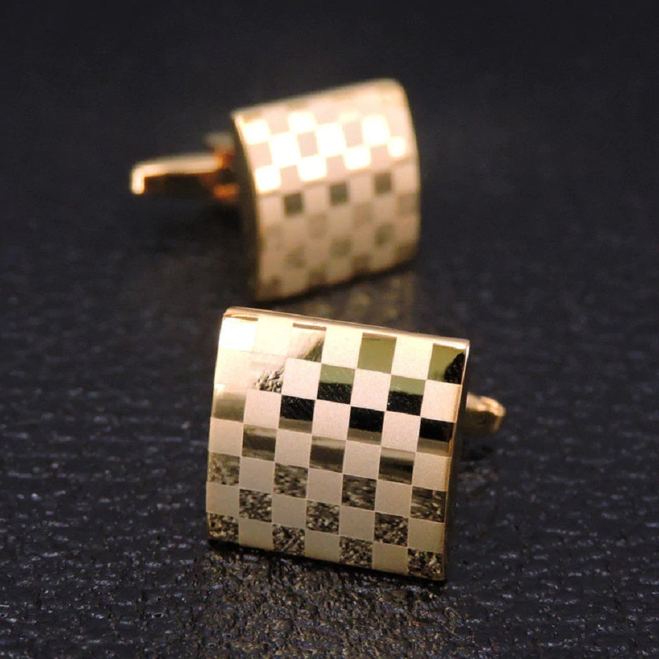 A Gold Colored Square Shape with Check pattern Cuff-links