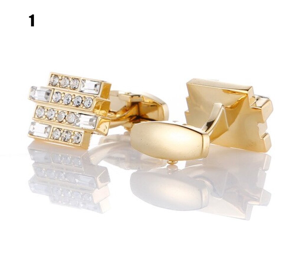Stacked Bars Cufflinks with Gold Color and Clear Stone