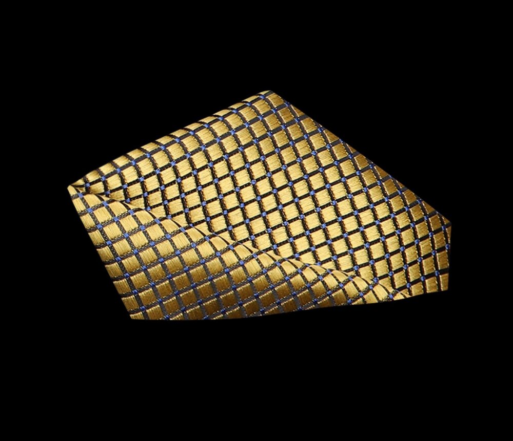 Gold, Blue Color Small Geometric with Check Pattern Silk Pocket Square||Gold, Blue