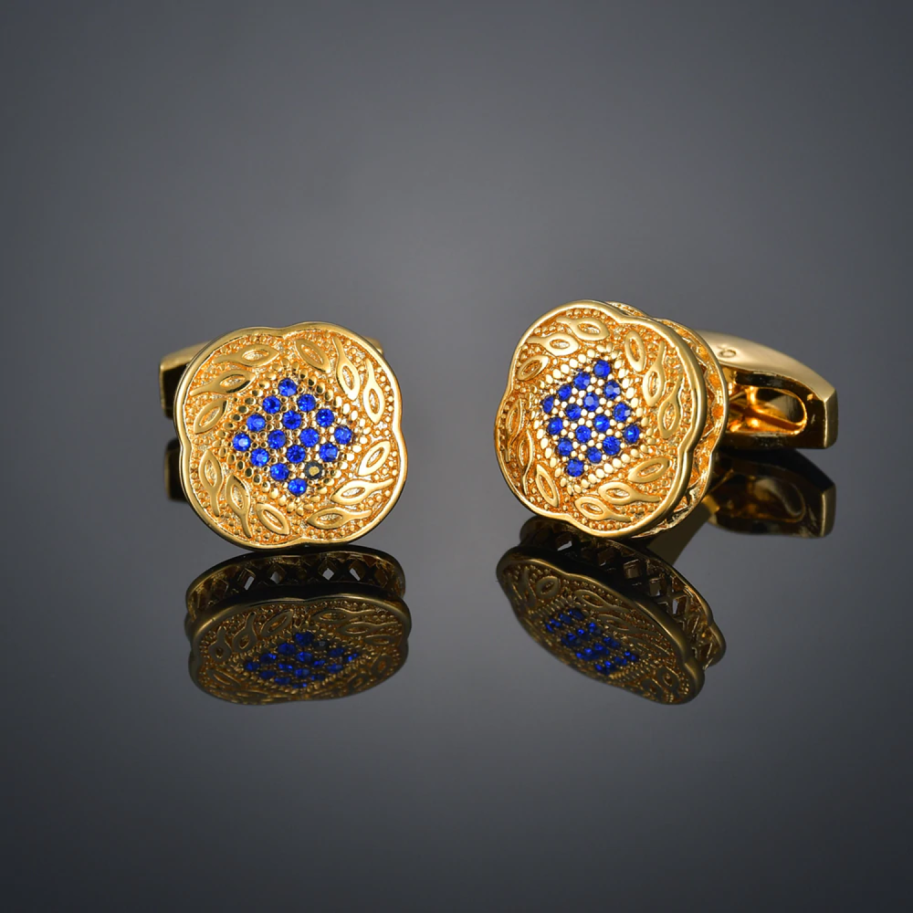 Gold Color with Small Blue Color Stones Cuff-links